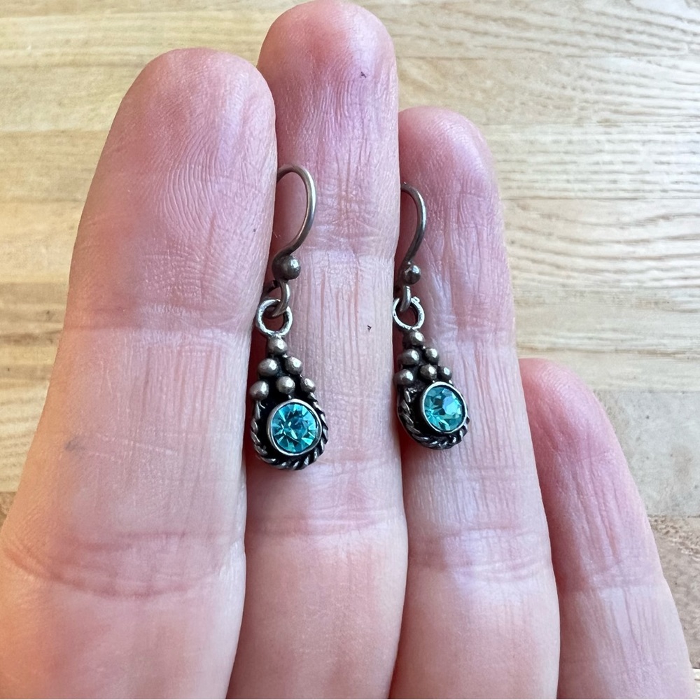 Vintage 925 Sterling silver blue crystal drop earrings on hooks - Picture 5 of 6